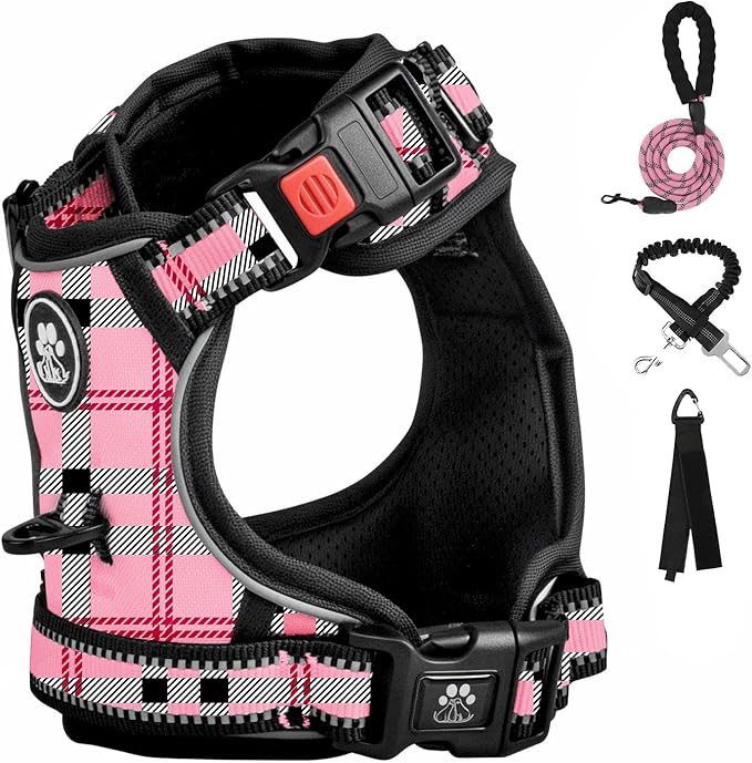 FURRYFECTION Plaid Dog Harness for Small Dogs, Reflective No Pull Adjustable Pet Vest with Front Clip, Leash, Easy Control Handle and Seat Belt, Pink&Black, S