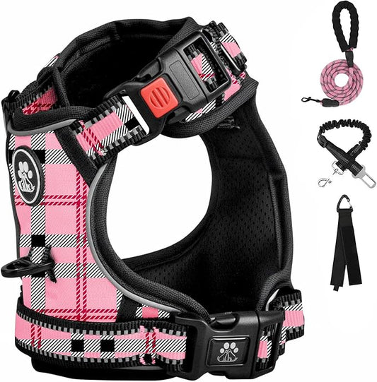 FURRYFECTION Plaid Dog Harness for Small Dogs, Reflective No Pull Adjustable Pet Vest with Front Clip, Leash, Easy Control Handle and Seat Belt, Pink&Black, S