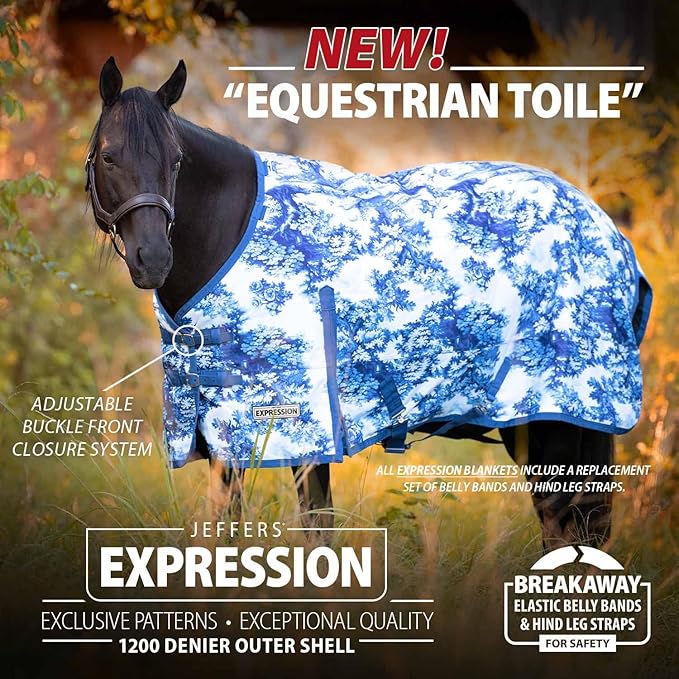 Jeffers Expression 1200 Denier Standard Neck Turnout Sheet, 66" - 0g Lightweight Waterproof Horse Blanket, Breathable Outdoor Rug with Straps, Gussets, Tail Flap, Adjustable Fit - Equestrian Toile