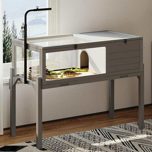 PRETZI Tortoise Habitat with Adjustable Lamp Holder, Turtle Enclosure Indoor/Outdoor, Wooden House for Small Animals, Large Reptile Terrarium Table with Detachable Legs (New Gray)