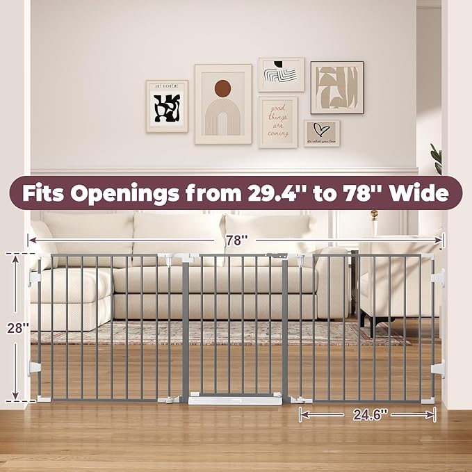 78" Extra Wide Baby Gate, Dog Gates Indoor for Doorways Stairs, Essential Safety Gate for Child, Hardware Mounted Adjustable Pet Gate with Anti-Trip Pedal, 28'' Tall 3 Metal Panels Grey