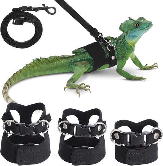 3 Pack Bearded Dragon Harness and Leash Set, Adjustable Nylon Bearded Dragon Accessories with 3 Sizes Vests, 6.56ft Lead for Reptile Training & Walking Accessories(Black)