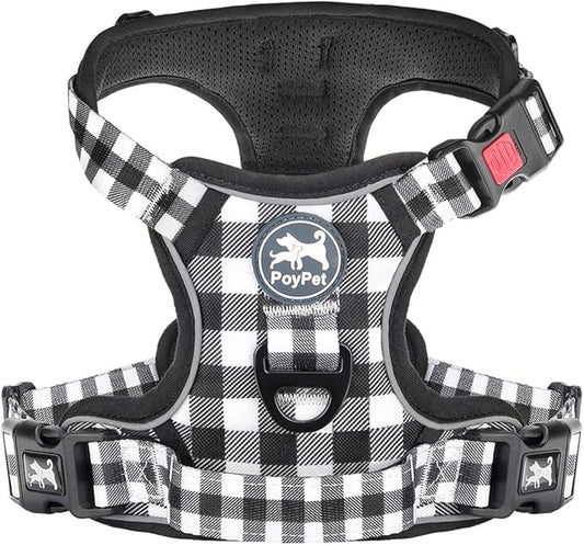 PoyPet No Pull Dog Harness, [Neck Release] Reflective Adjustable No Choke Pet Vest with Front & Back 2 Leash Attachments, Soft Control Training Handle for Small Dogs(Grid,M)