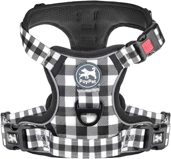 PoyPet No Pull Dog Harness, [Neck Release] Reflective Adjustable No Choke Pet Vest with Front & Back 2 Leash Attachments, Soft Control Training Handle for Small Dogs(Grid,L)