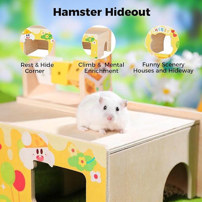 mini&moe Hamster Houses and Hideouts – Wooden Multi-Room Hamster Hideout Small Animal Habitat Decor Shelter with Platform for Dwarf Gerbils Chinchilla Rat Mouse