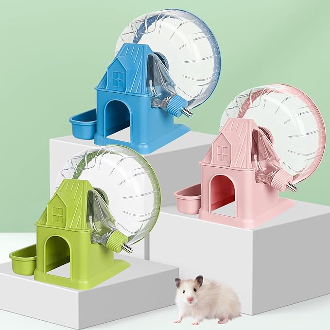 Hamster Toys 4 in 1 Multifunctional Super-Silent Exercise Toys Spinner Wheels with Water Bottle Food Container and Hideout Base Large Spinning Running Wheel for Rat Gerbils Mice (L,Green)