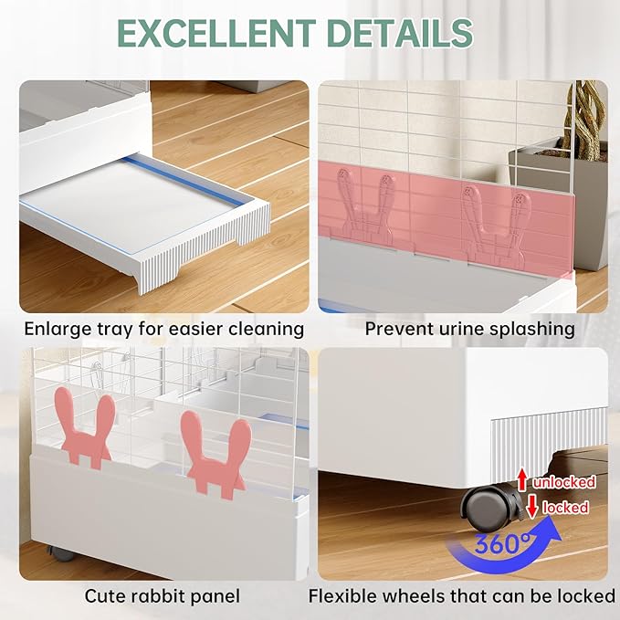 Oneluck Deluxe Small Animal Cage Indoor with Pull Out Tray,Transparent Habitat for Rabbit,Urine Guard,Easy to Clean,White (Transparent)