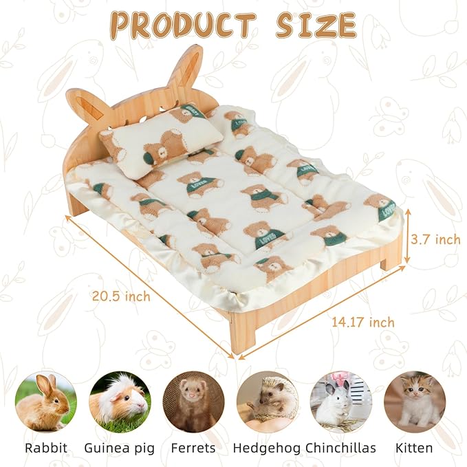 BWOGUE Large Wooden Bunny Bed, 2 in 1 Folding Wooden Pet Bed with Reversible Cushion & Pillow, Easy to Assemble Small Animals Beds for Bunnies Rabbits Guinea Pigs Puppy Kittens Sleeping Habitat