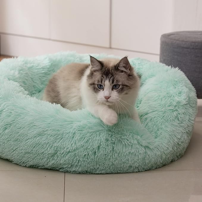 Anti Anxiety Round Fluffy Plush Faux Fur Warm Washable Dog Bed & Cat Bed, Original Bed for Small Medium Large Pets,Used to Relieve Joints and Improve Sleep（20"/24"/27''） (20", Light Green)