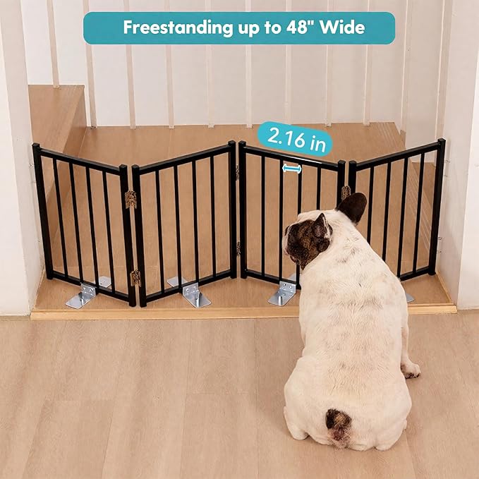 No Pawblems Free Standing Short Dog Gate, 16.5'' Tall Foldable Dog Fence for Indoor & Outdoor, Up to 48 Inch Extra Wide Puppy Gate for Stairs, Hallways, Doorways, Deck, Yard (Black, 4 Panels)