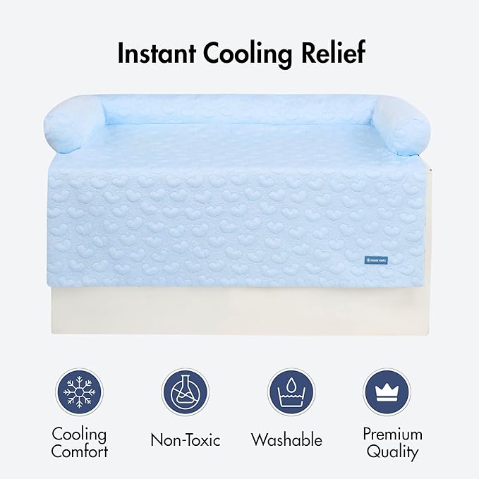 Spark Paws Cooling Couch Cover Dog Bed, Furniture Protector Mat, Non-Toxic Washable Pet Cooling Pad for Large & Small Dog - Hearts Blue - Size M