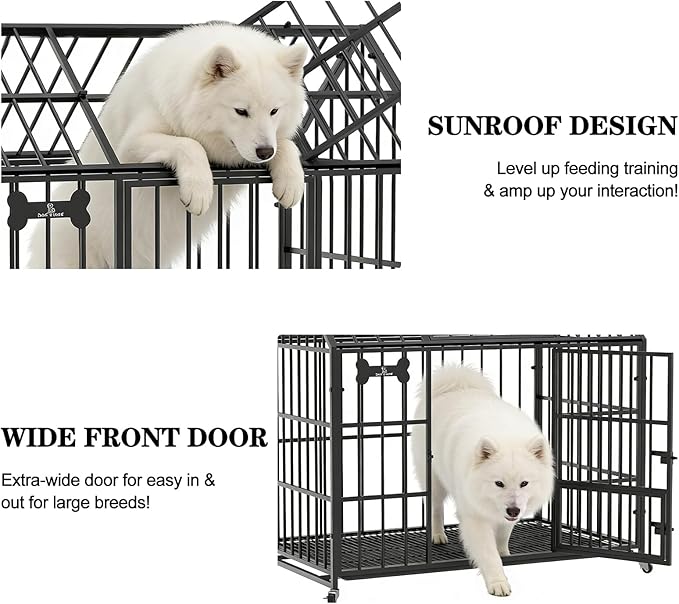 Dosker Heavy Duty Dog Crate 42 Inch,XL Large/Medium Pet Dog Cage Kennel Indoor,Steel Escape Proof Cage with Roof Top 2 Doors Removable Trays,Lockable Wheels