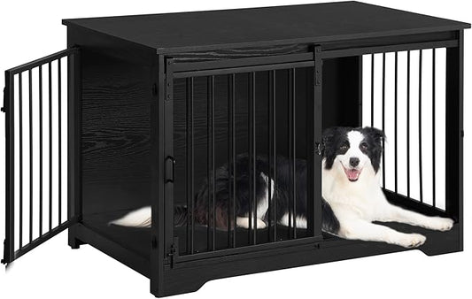 Hzuaneri 39.3" Dog Crate Furniture with Barn Door, Heavy Duty Dog Kennel Indoor with 2 Doors, Wooden Pet Cage End Table for Large Small Medium Dogs, Anti-Chew Anti-Escape, Black DFC02304B