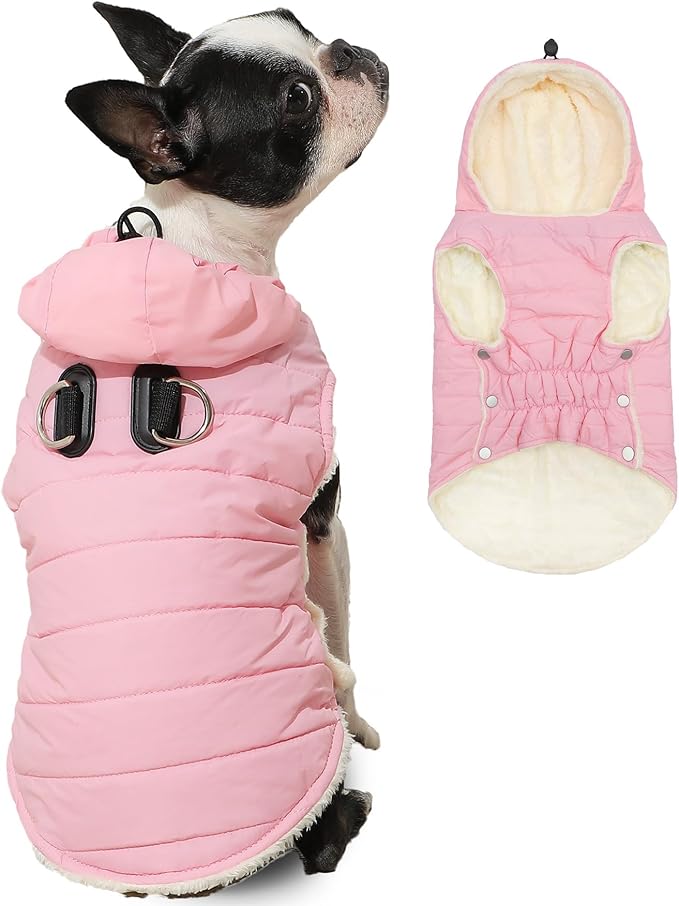 Vecomfy Fleece Lining Dog Hoodie with Harness Built in,Extra Warm Small Dog Jacket in Winter Puppy Coats with Drawstring Hooded,Light Pink M