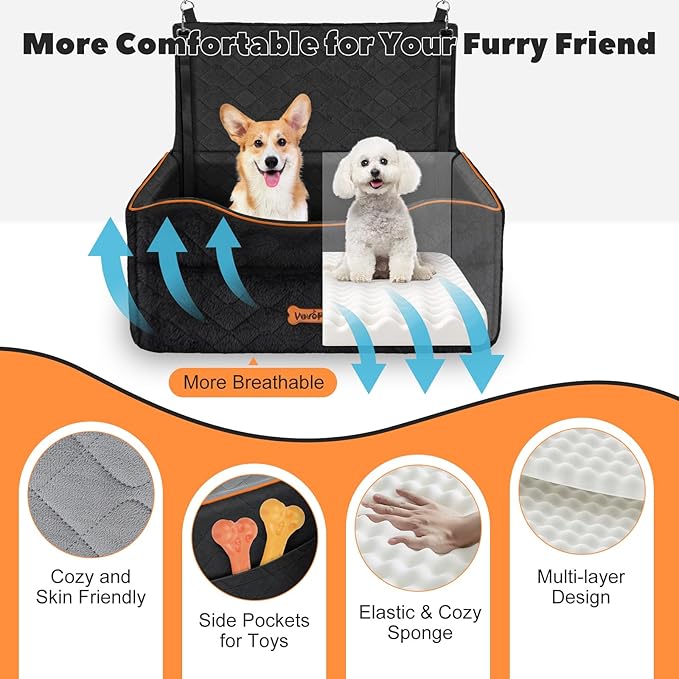 VavoPaw Medium Dog Car Seat, Dog Booster Seat Under 50Lbs or 2 Small Dogs Washable, Pet Car Seats with 2 Safety Leash, Dogs Sofa Bed Cushion Add Thick Sponge, Pet Cars Carrier for Travel, Black