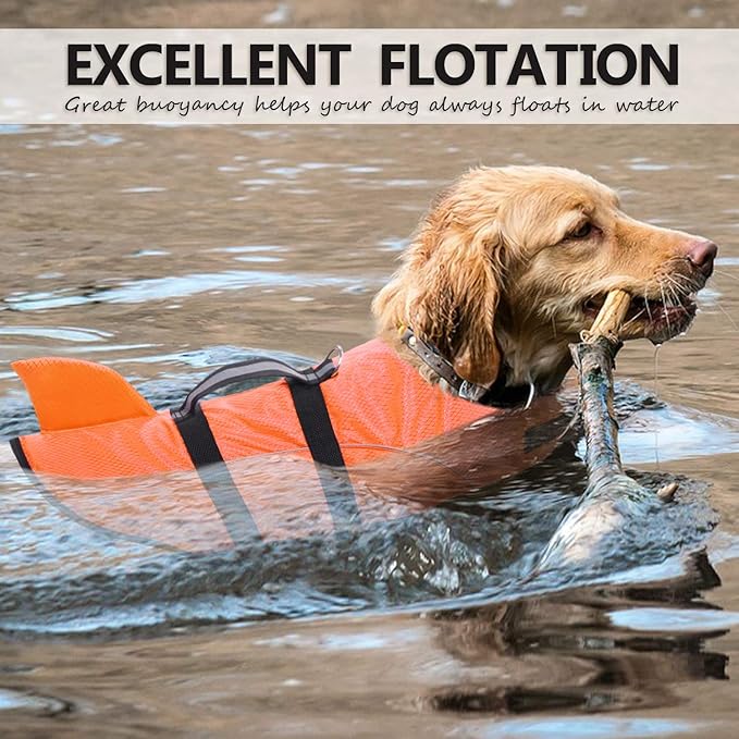 Ripstop Dog Life Jacket Shark Life Vest for Dogs, Safety Lifesaver with High Buoyancy and Lift Handle for Small and Medium Breeds（Orange S）