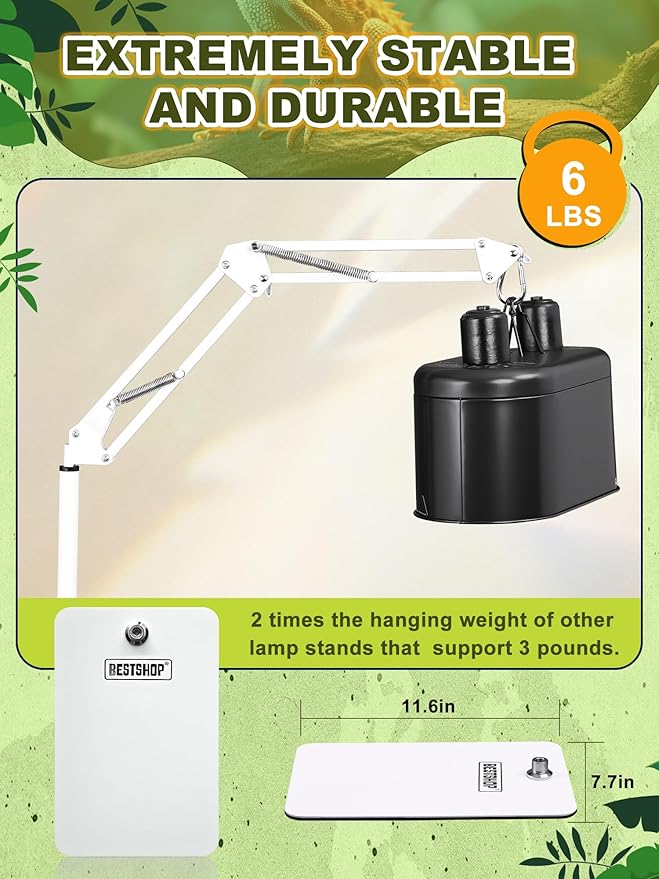 Reptile Light Stand, Heat Bulb Stand (15.7 to 74.3 inch) with Adjustable 360° Swing Arm for Terrarium, Reptile Heat Lamp Stand for Bearded Dragons, Turtles, and Chameleons (White)