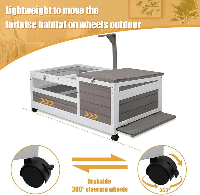 Ketive Tortoise Habitat Large Wooden Tortoise House Indoor & Outdoor, Reptile Cage for Small Animals-Leakproof Tray (Grey, 77" L x 23" W x 14.5" H)