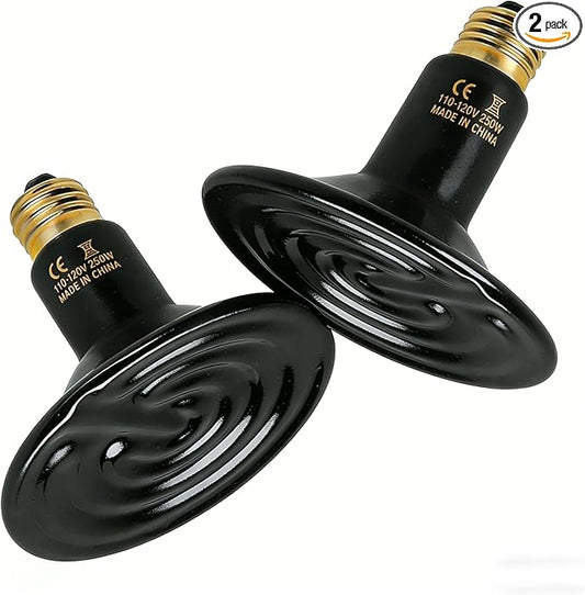 250W Reptile Heat Lamp Bulbs 2-Pack, Ceramic Heat Emitters for Bearded Dragon Gecko Lizard Turtle Snake, Night Basking Heat Lamp for Amphibian Chicken Pets E26