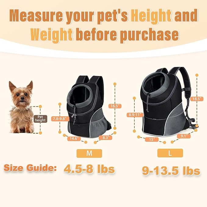 YUDODO 9-14lbs Dog Front Carrier Backpack, Adjustable Breathable Pet Carrier for Small Dogs Cats, Ventilated Puppy Back Pack with Safety Belt, Lightweight Doggy Backpack for Hiking Outdoor (Black, L)
