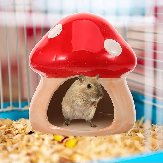 ABOOFAN Ceramic Hamster Hideout Mushroom Design Cooling Nest Small Animal Habitat Shelter for Dwarf Hamsters Gerbils and Mice