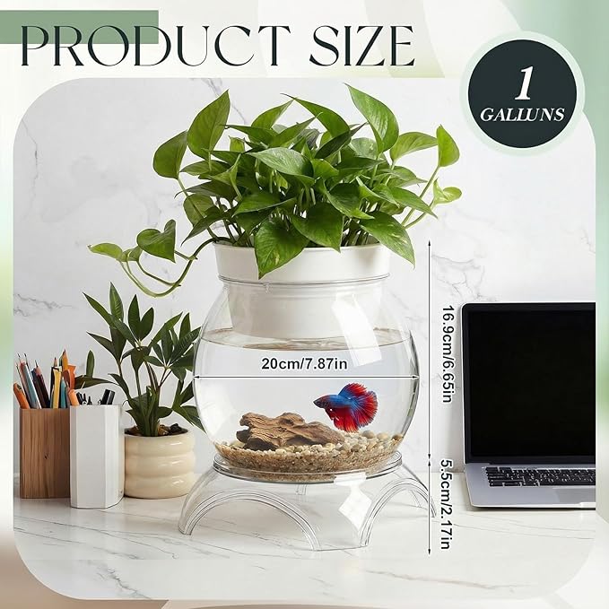 Geelin 1 Gallon Plastic Aquaponic Betta Fish Tank Aquaponic with Base and Top, Large Bowl Shatterproof Ecosystem Aquarium with Clear Clarity for Terrarium, Flower Vase Betta Fish Centerpiece Gifts
