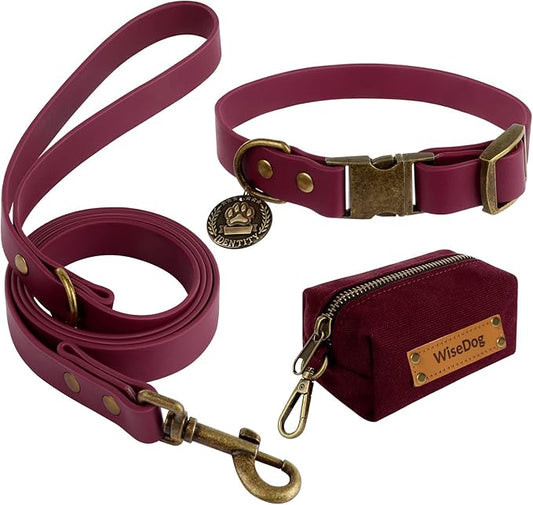 Wisedog Waterproof Dog Collar and Leash Set, Adjustable Puppy Collar with Cute Tag 4FT Dog Leash with Poop Bag for Small Medium Large Dogs (XS, Burgundy)