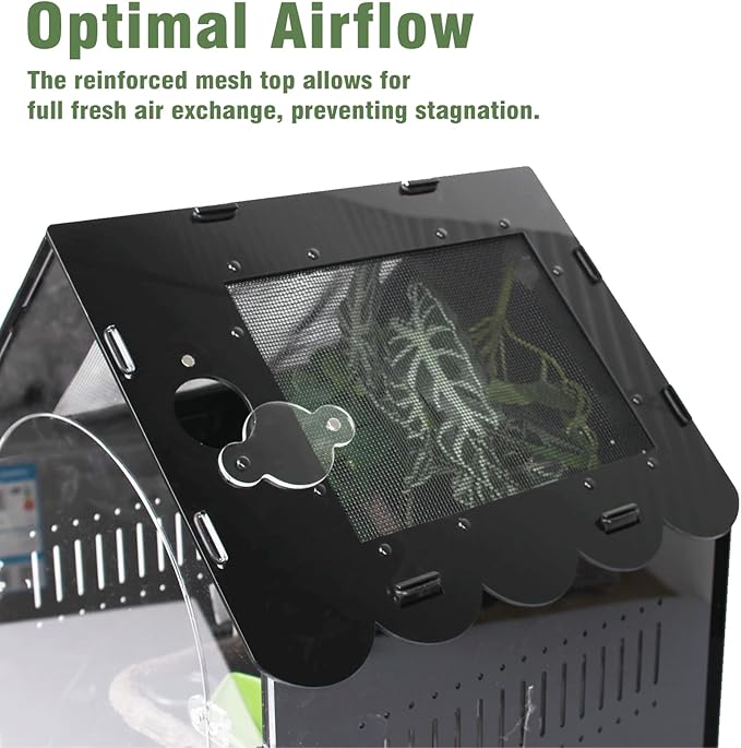 Reptile Terrarium 12.4x12.4x16.2 - Magnetic Front Opening Acrylic Reptile Enclosure, Escape-Proof Black Acrylic Cage for Crested Gecko, Tarantula, Scorpion & Arboreal Pets with Feeding Lid & Wave Roof