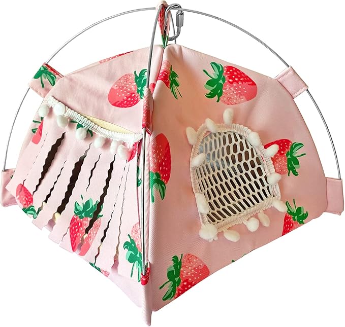 Portable Small Animal Tents House Cave Habitat Hideout with Forest Hidey Curtain for Hamster/Mice/Gerbil Rats/Guinea Pigs Hedgehog Nest Cushion Beds (Pink)
