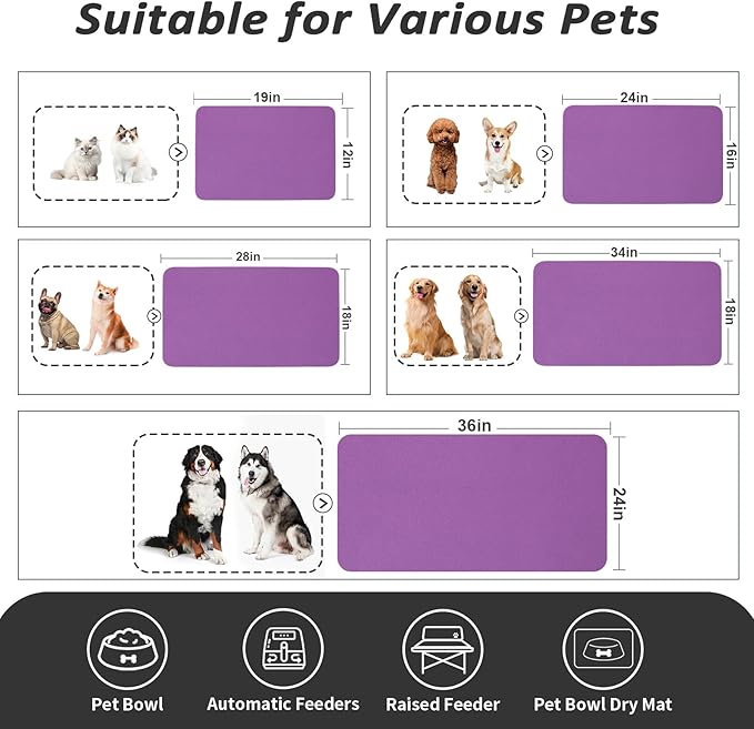 HotLive Dog Food Mat - Absorbent Cat Mat for Food and Water, No Stains Pet Feeding Bowl Mat, Easy to Clean Pet Placemats, Quick Dry Dog Water Dispenser Mat for Messy Drinkers | Purple 18"x 28"
