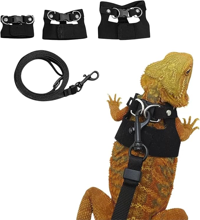 Bearded Dragon Harness Leash Set Harness 3PC S/M/L Soft Leather Vest Outdoor Walking Control Traction Rope for Lizard Reptile Iguana Gecko (Black)