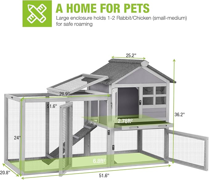 GUTINNEEN 51.6" L Chicken coop Outdoor Rabbit Hutch Indoor Bunny Cage Expandable Duck House for Small Chickens (Grey)