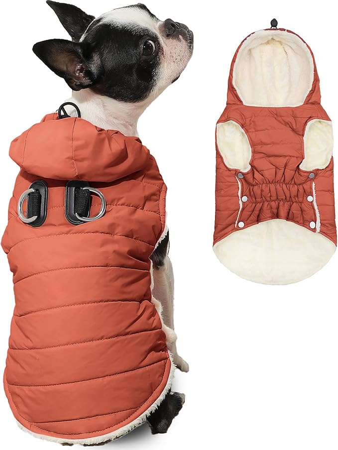 Vecomfy Fleece Lining Dog Hoodie with Harness Built in,Extra Warm Large Dog Jacket in Winter Doggie Coats with Drawstring Hooded,Orange XXL
