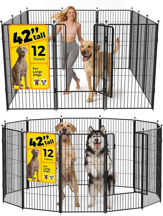 Dog Playpen 42 inch 12 Panels for Indoor & Outdoor Use – Heavy-Duty Metal Pet Fence with Ground Stakes, Rounded Ball Tops for Safety, Stable & Foldable Design, Easy to Assemble