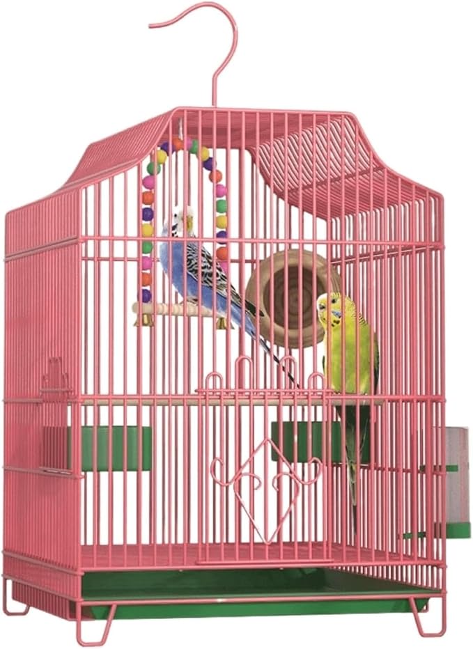 Bird Cage Bird Aviary Metal Tall Tiel Cage Parrot Cage Flight Birdcag Portable Bird Carrier with Hook Travel Carrier Cage Strong(Pink)