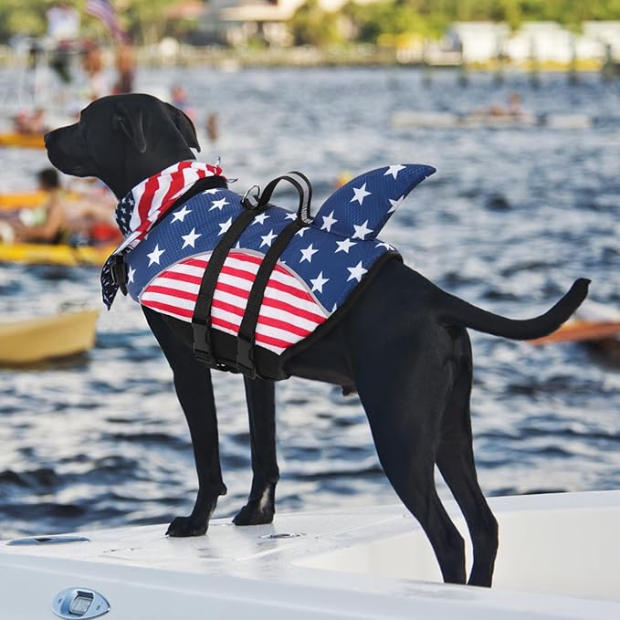 Queenmore Cat Life Jacket, XXS Extra Small Dog Life Vest for Swimming, American Flag Puppy Swimming Vest for Boating, Lightweight Small Dog Shark Swim Jacket with Rescue Handle/Leash Hook
