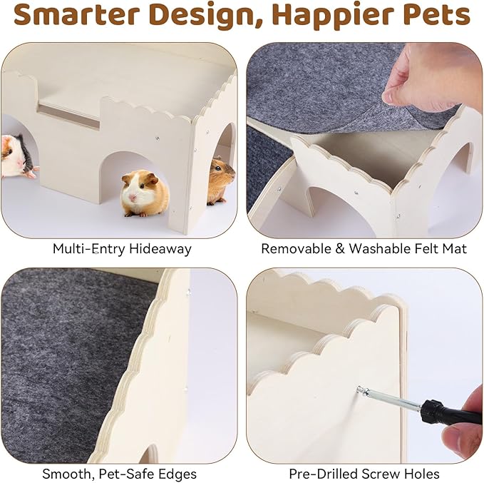 Guinea Pig Hideout 2-Tier Wooden Small Animal Hideout Sturdy Guinea Pig Castle with Ramp & Platform for Bunny, Chinchilla, Rat & Hamster - Easy Assembly Multi-Level Habitat