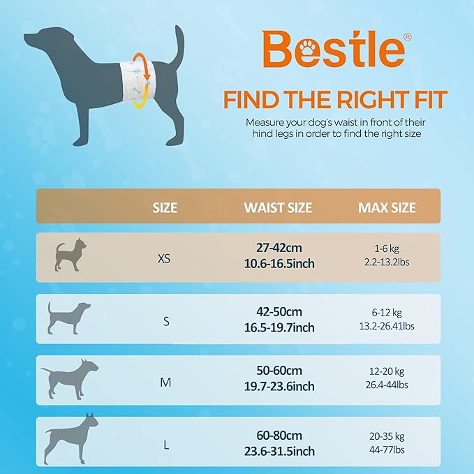 Bestle Male Dog Wrap, Disposable Dog Diapers, 40 Count, XS (Waist 10.6”-16.6”), Wetness Indicator, Ultra Protection, Leak Proof, Super Absorbent, Soft