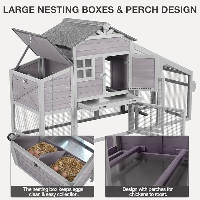 Mobile Chicken Coop with Wheels, Wooden Chicken House with Run, Large Hen Cage with UV Proof Roof and Leak-Proof Tray, Outdoor Chicken Coops with Nesting Box for 2-4 Chickens (Grey)
