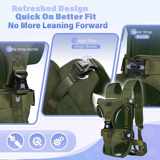 YUDODO Front Pet Carrier Backpack for Small Dogs and Cats, Secure and Breathable Mesh, Ergonomic Support, Adjustable for Walking, Hiking, or Travel (Army Green M)