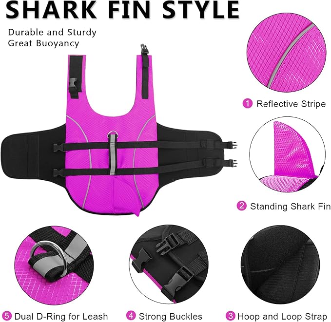 Queenmore Ripstop Dog Life Jacket Shark Life Vest for Dogs, Safety Lifesaver with High Buoyancy and Lift Handle for Small and Medium Breeds（Rose Red L）