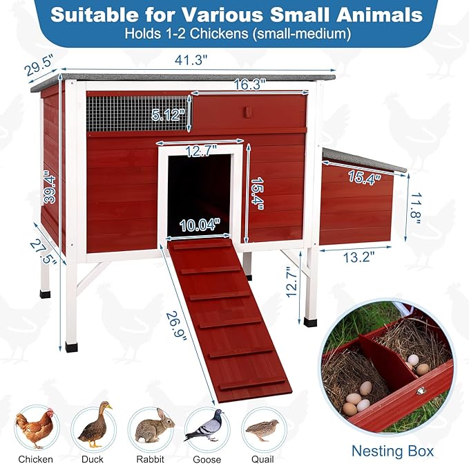 FunXplore Outdoor Chicken Coop Weatherproof Wooden Hen House Small Animal Pet Hutch with Asphalt Roof Elevated Legs Removable PVC Layer Above Nest Box Pull-Out Tray