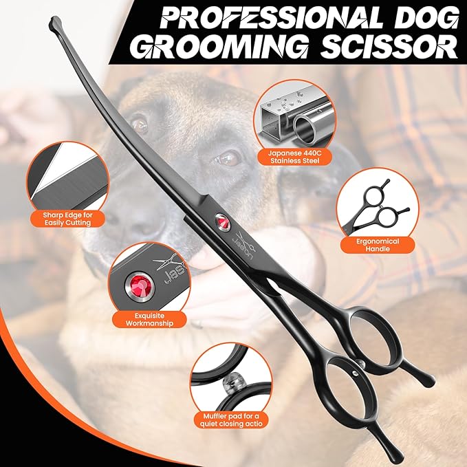 JASON 7" Dog Grooming Shear - Professional Up-curved Scissor with Round Tips Japanese Stainless Steel Hair Scissor for Dogs, Cats and Other Pets (Curved with Round Tips, Black) Christmas Gift