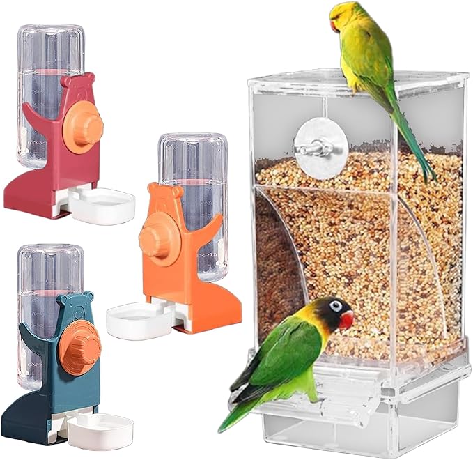 Clear View Bird Feeder and Water Dispenser Set with Detachable Trays for Finches, Parrots ABS Construction 2PC Large Capacity Treat Dispenser