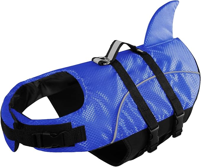 Queenmore Ripstop Dog Life Jacket Shark Life Vest for Dogs, Safety Lifesaver with High Buoyancy and Lift Handle for Small and Medium Breeds（Blue XS）