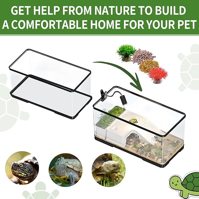 (Tank + Light + Filter Balls) Turtle Tank Kit, Turtle Tank Starter Kit,Bottom Drainage, Multi-Function Areas for Turtles, Crabs,Fishes, Amphibians,Reptiles (11.81 × 7.88 × 7.88 Inch)
