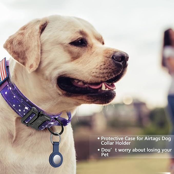 DAGANXI Tactical Dog Collar, Adjustable Military Training Nylon Dog Collar with Control Handle and Heavy Metal Buckle for Medium and Large Dogs, with Patches and Airtags Case (XL, Purple Sky-Set)