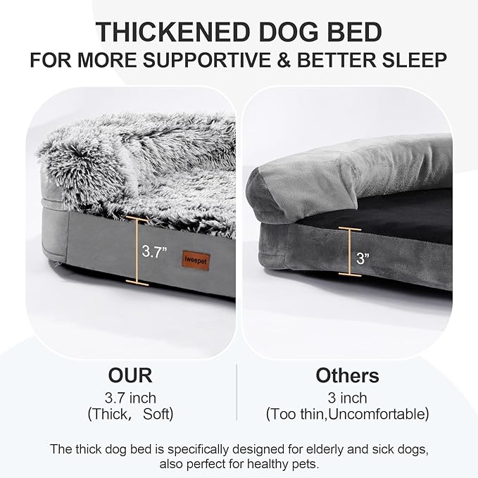 iweepet 3.7 inch Thickened Orthopedic Dog Beds for Extra Large Dogs, Fluffy Supportive Dog Sofa Bed with 28D Egg-Crate Foam, Removable Washable Cover, Waterproof Lining, Cozy Oval Design,Grey