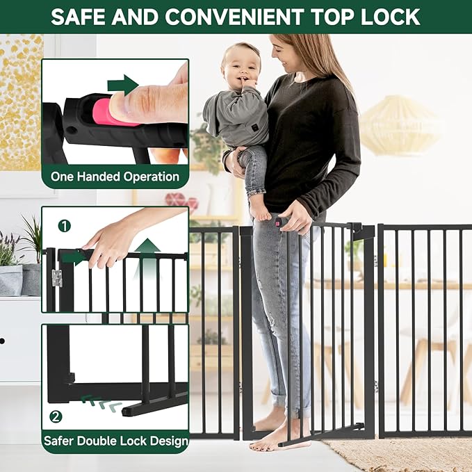 Snagle Paw Full Metal Freestanding Dog Gate with Door, 120” W x 24” H Pet Gate with Support Feet for Doorways, Stairs and Hallways, Portable Dog Fence for Indoor Use(24" 6 Panel, Black)