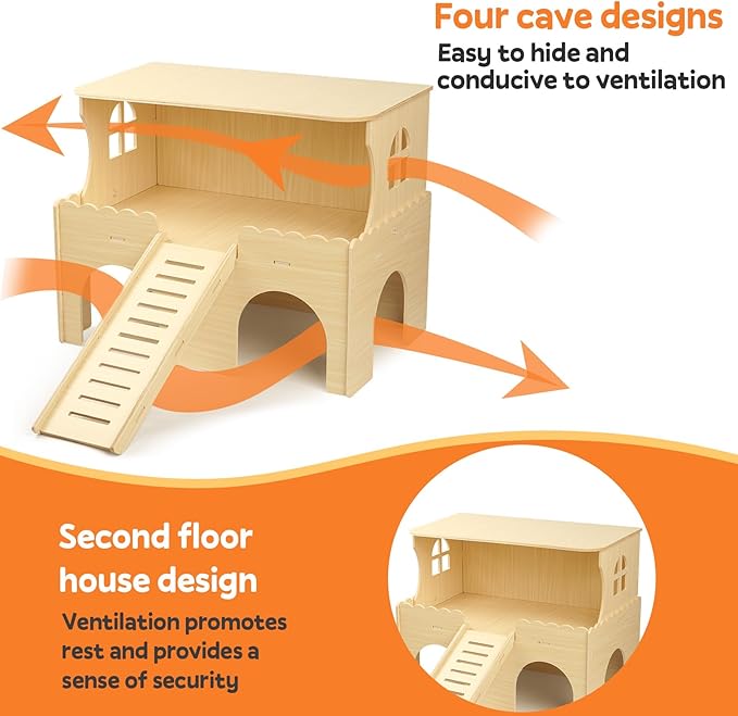 Large Two-Level Guinea Pig Hideout, Wooden Guinea Pig Castle with House, Platform and Stairs, Detachable Guinea Pigs House, Easy Assembly Accessories for Chinchillas, Hamsters, Rabbits and Guinea Pigs